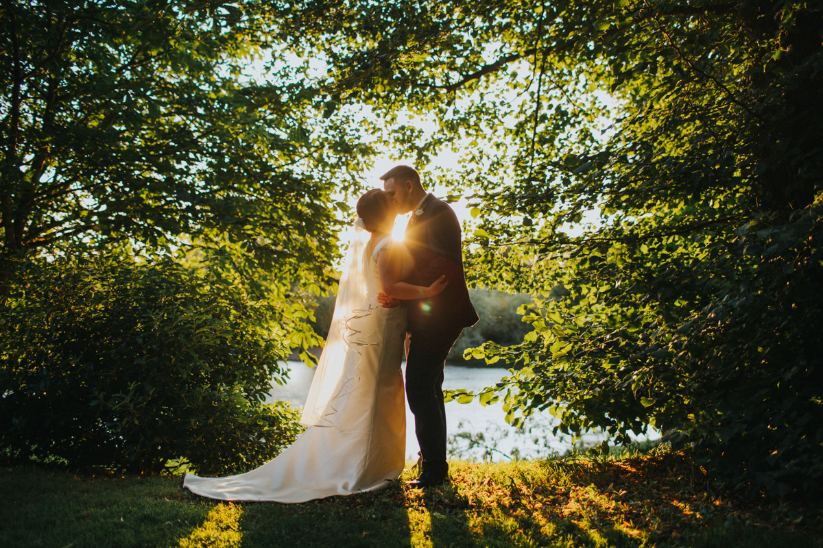 bride and groom at sunset mytton and mermaid